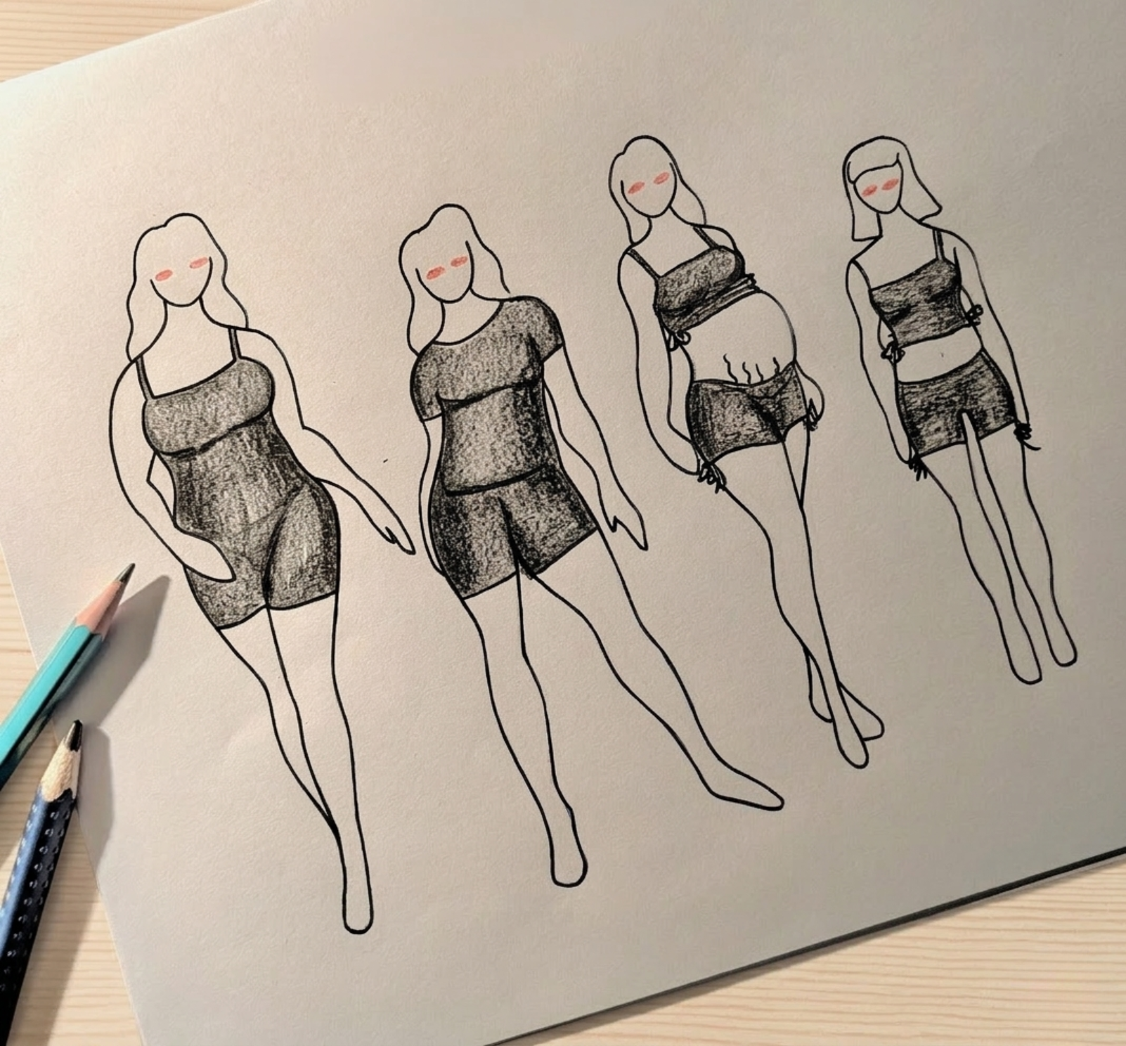 squisse dessinée à la main montrant quatre femmes de différentes morphologies (grande taille, enceinte, mince, vergetures) portant des maillots de bain semi-couvrants Eclypse. Le dessin illustre comment le maillot s'ajuste pour offrir confort et confiance à toutes les femmes, quel que soit leur corps ou leur étape de vie, notamment pour les complexes, la pudeur, ou la confiance ou encore pour la grossesse sans soucis d'épilation. Image