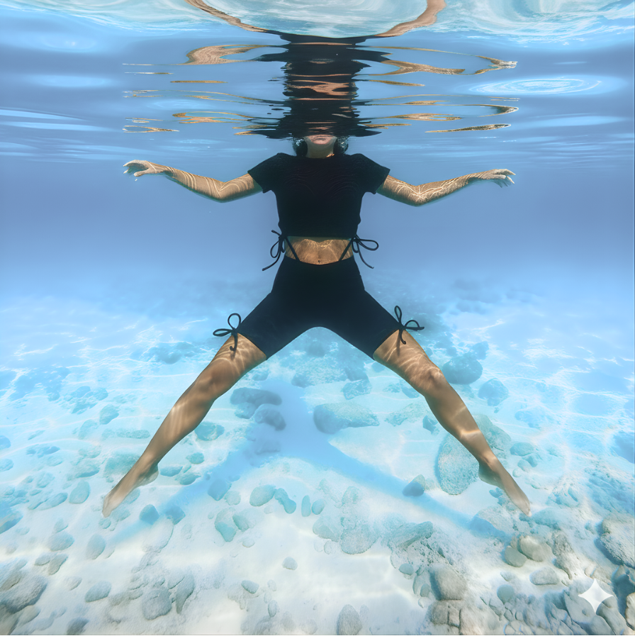 Vue sous-marine d'une femme faisant l'étoile, bras et jambes écartés, en toute confiance. Elle porte un ensemble de bain semi-couvrant Eclypse (short et t-shirt) qui cache la lune et l'intimité, permettant de bouger librement sans se soucier de l'épilation du maillot ou des aisselles ou de ce qui pourrait risqué être vu avec un maillot de bain traditionnel plus échanré.