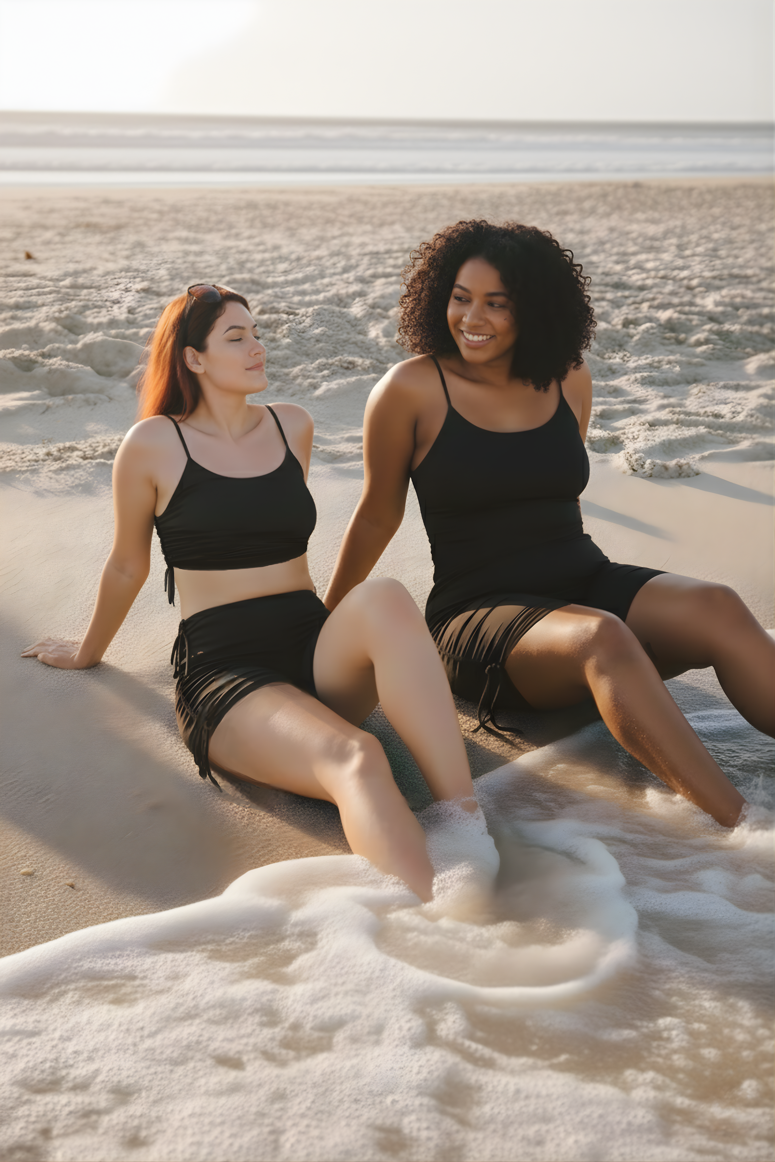 Deux femmes souriantes et détendues sur une plage, les pieds dans l'eau. Elles portent des maillots de bain semi-couvrants et ajustables de la marque Eclypse : l'une a resserré les brides pour un look plus découvert, l'autre porte le maillot moins serré pour une couvrance maximale sur le ventre et les cuisses.